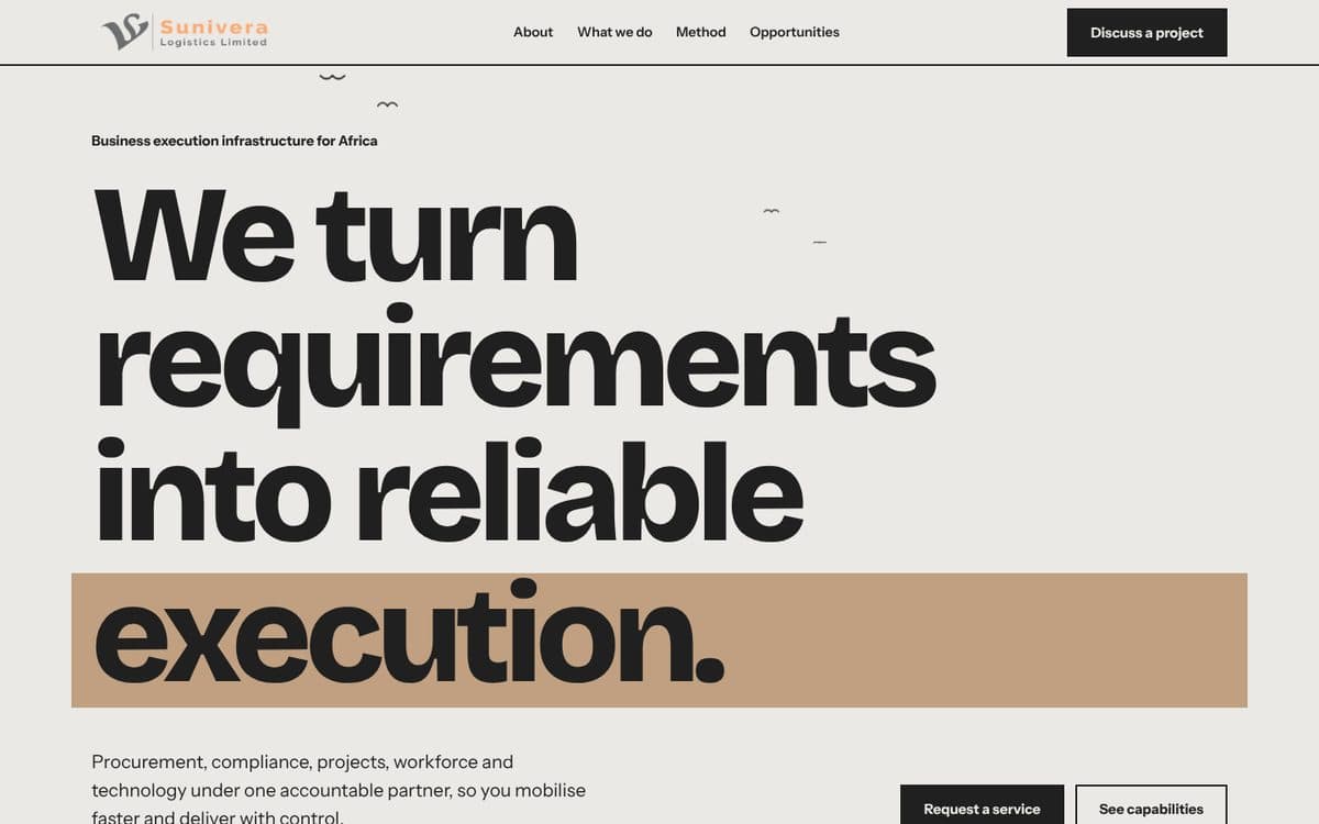 The Sunivera Logistics home page: We turn requirements into reliable execution
