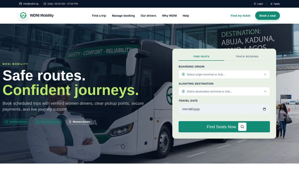 The WDNI Mobility home page, with the trip search form